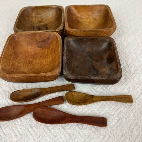 Vintage Antique 8 Piece Teak Wood Primordial Bowl and Spoon Sauce Serve Set - Picture 11 of 13
